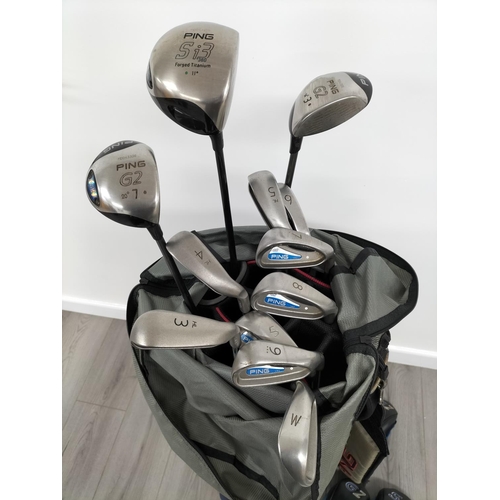 110 - Ping Carry Golf Bag containing a Set of Right Handed Ping G2 Irons, Ping TFC 100 Woods (7 & 3) with ... 