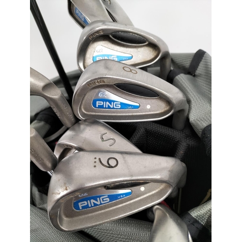 110 - Ping Carry Golf Bag containing a Set of Right Handed Ping G2 Irons, Ping TFC 100 Woods (7 & 3) with ... 