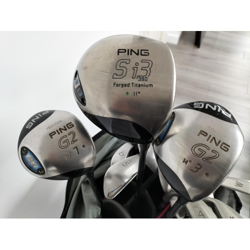 110 - Ping Carry Golf Bag containing a Set of Right Handed Ping G2 Irons, Ping TFC 100 Woods (7 & 3) with ... 