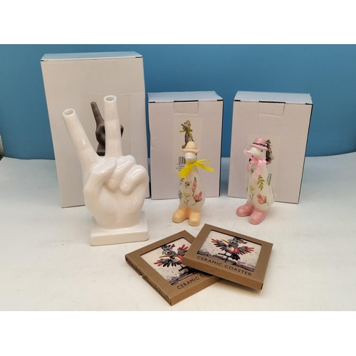 111 - New and Boxed Items to include 'V' for Victory 21cm Bud Vase/Ornament, 14cm Ceramic Ducks (3) plus C... 