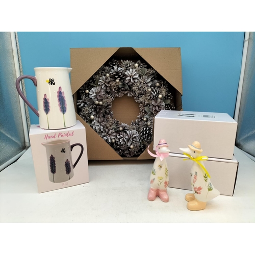114 - New and Boxed Items to include 35cm Festive Wreath, 14cm Ceramic Ducks (2) plus Floral Jug.