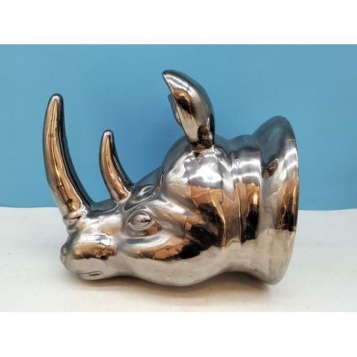 139 - Silver Tone Wall Mounted Rhinocerous Head. 30cm x 25cm.