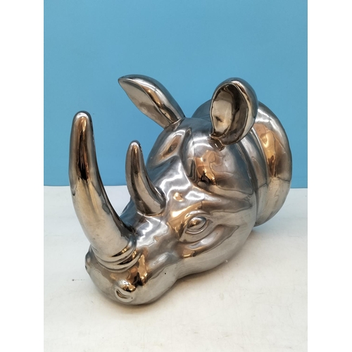 139 - Silver Tone Wall Mounted Rhinocerous Head. 30cm x 25cm.
