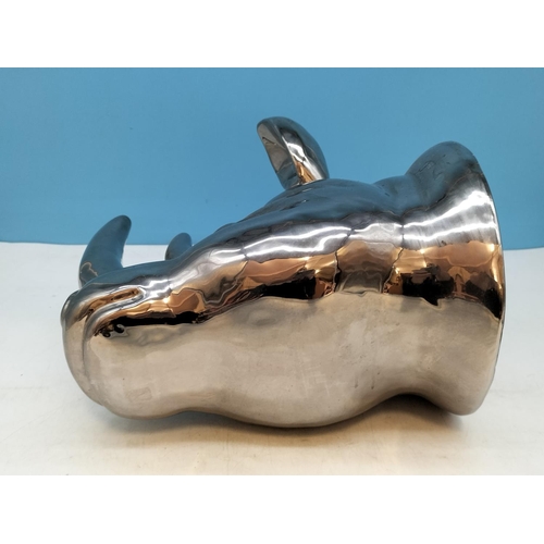 139 - Silver Tone Wall Mounted Rhinocerous Head. 30cm x 25cm.