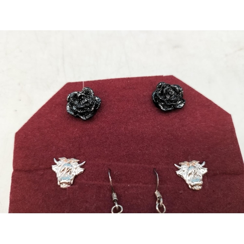 71 - 4 x Pairs of 925 Silver Earrings to include Highland Cows with Rose Gold Bow, etc.