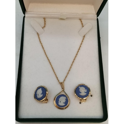 120 - Wedgwood Jasper and Gold Tone Necklace and Earring Set.