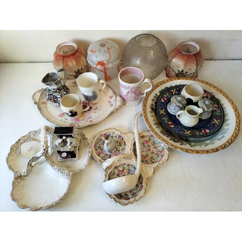 102 - Collection of Mixed Pottery plus Glass Lamp Shades. Some Faults Noted.