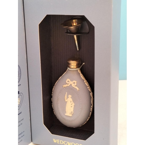 177 - Boxed Wedgwood Blue Jasperware Perfume Bottle 'Diana' with Sterling Silver Top and Funnel. 7.5cm Lon... 