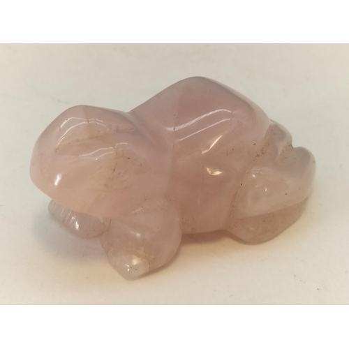 80 - Rose Quartz Frog Figure. 2.5cm High, 5cm x 3.5cm.