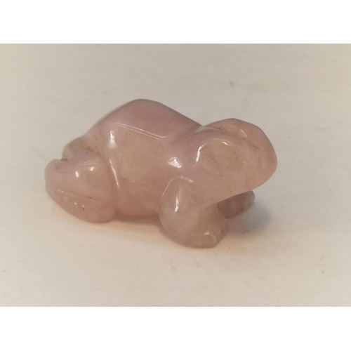 80 - Rose Quartz Frog Figure. 2.5cm High, 5cm x 3.5cm.