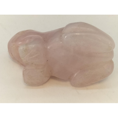80 - Rose Quartz Frog Figure. 2.5cm High, 5cm x 3.5cm.