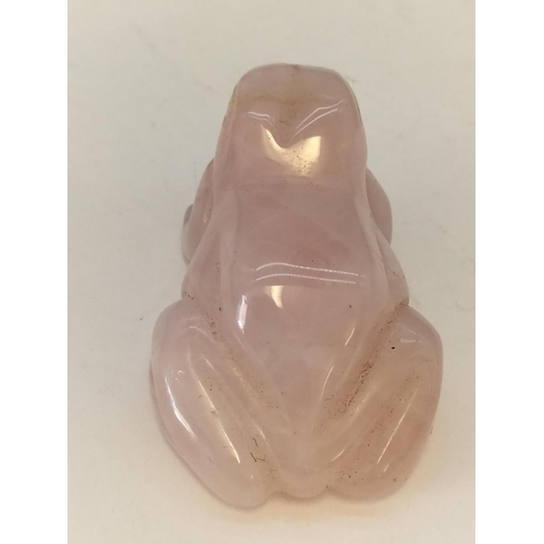 80 - Rose Quartz Frog Figure. 2.5cm High, 5cm x 3.5cm.