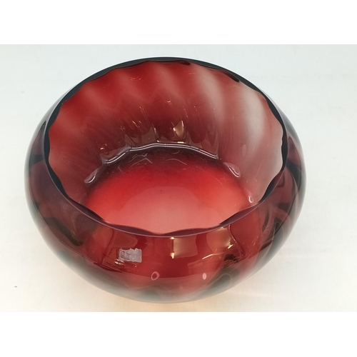 87 - Ruby Glass Bowl. 14cm High, 27cm Diameter. Nip to Rim.