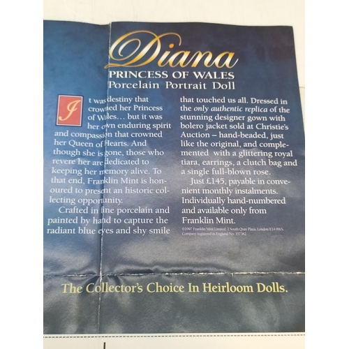 175 - Boxed Franklin Mint 'Diana, Princess of Wales' Porcelain Portrait Doll. Doll on Stand 46cm Tall.