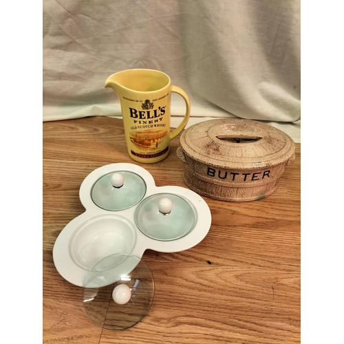434 - Collection of Ceramics and Glass to include Wade Whisky Jug, Butter Dish (A/F). Condiment Set, Piggy... 