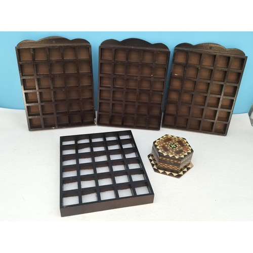 138 - 4 x Thimble Racks (One Converted to Hold Rings) plus Hexagonal Marquetry Hinged Lid Trinket Box (5cm... 