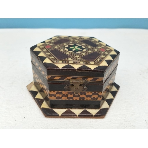 138 - 4 x Thimble Racks (One Converted to Hold Rings) plus Hexagonal Marquetry Hinged Lid Trinket Box (5cm... 