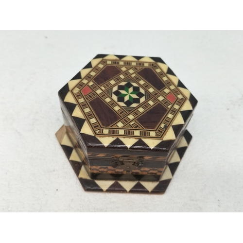 138 - 4 x Thimble Racks (One Converted to Hold Rings) plus Hexagonal Marquetry Hinged Lid Trinket Box (5cm... 