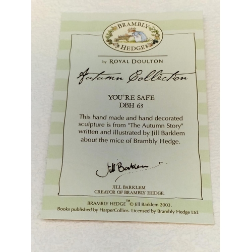 139 - Boxed Royal Doulton Brambly Hedge Collection Figure 'You're Safe' DBH 63. 10.5cm Tall, 11cm x 8cm.