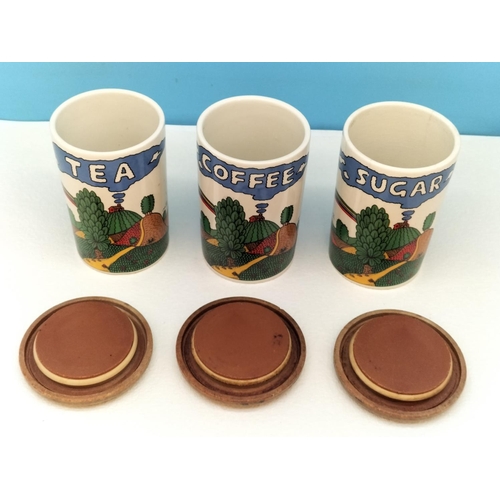 189 - Crown Devon 'Country Lane' By Robin Cody Coffee Tea and Sugar (A/F) Lidded Canisters. 16cm High.