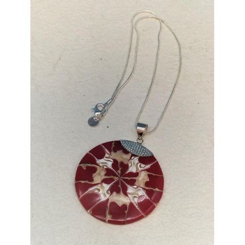429 - 925 Tagged Necklace with Enameled Shell Pendant with 925 Silver Mount. 5cm Diameter. Boxed.
