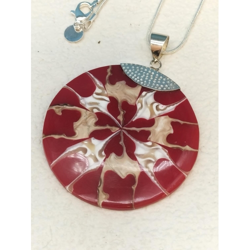 429 - 925 Tagged Necklace with Enameled Shell Pendant with 925 Silver Mount. 5cm Diameter. Boxed.