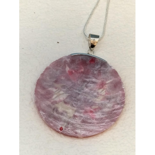 429 - 925 Tagged Necklace with Enameled Shell Pendant with 925 Silver Mount. 5cm Diameter. Boxed.