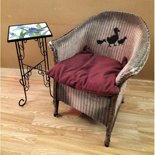 436 - Metal Framed Table with 'Iris' Design Glass Top plus a Wicker Chair. 64cm High, 52cm x 41cm. Seat He... 