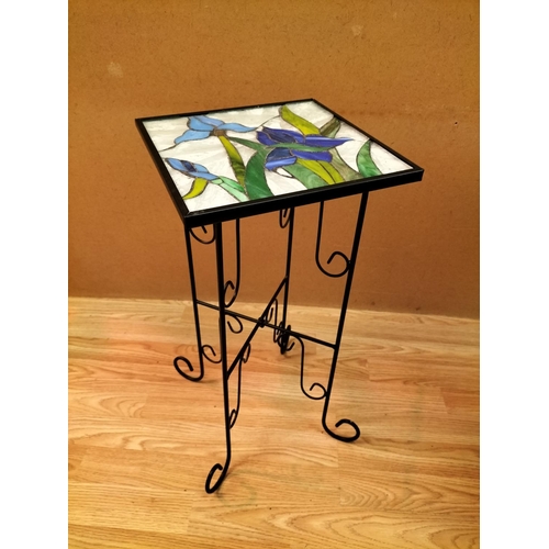 436 - Metal Framed Table with 'Iris' Design Glass Top plus a Wicker Chair. 64cm High, 52cm x 41cm. Seat He... 