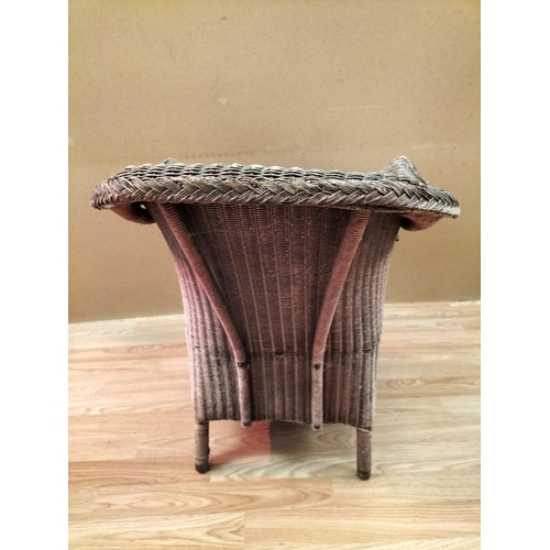 436 - Metal Framed Table with 'Iris' Design Glass Top plus a Wicker Chair. 64cm High, 52cm x 41cm. Seat He... 