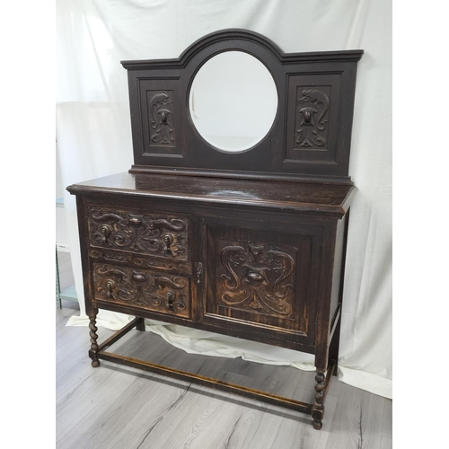 443 - Ornately Carved Gothic Revival Oak Sideboard with 2 Drawers, Cupboard and Detachable Mirrored Back S... 