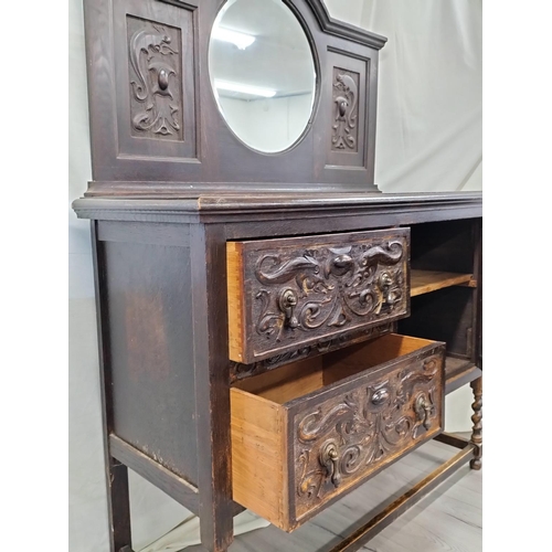 443 - Ornately Carved Gothic Revival Oak Sideboard with 2 Drawers, Cupboard and Detachable Mirrored Back S... 