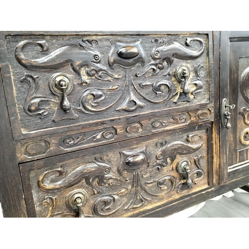443 - Ornately Carved Gothic Revival Oak Sideboard with 2 Drawers, Cupboard and Detachable Mirrored Back S... 