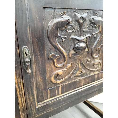 443 - Ornately Carved Gothic Revival Oak Sideboard with 2 Drawers, Cupboard and Detachable Mirrored Back S... 