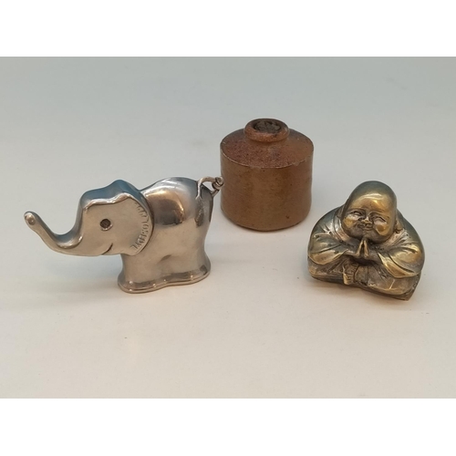451 - Silver Plated 6cm (h) Elephant Paperweight, Small Brass Smiling Buddha Figure plus Victorian Salt Gl... 