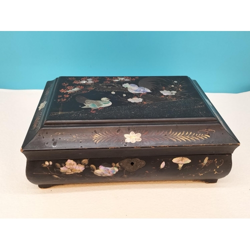 458 - Wooden Hinged Lid, Mother of Pearl Effect Inlay, Jewellery Box. 11cm High, 30cm x 21.5cm.