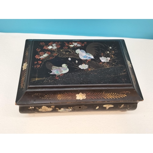 458 - Wooden Hinged Lid, Mother of Pearl Effect Inlay, Jewellery Box. 11cm High, 30cm x 21.5cm.