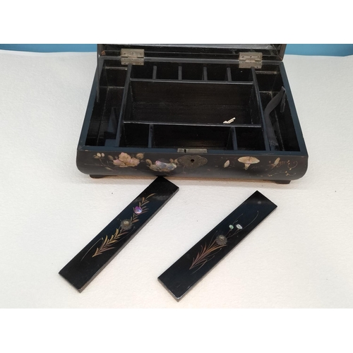 458 - Wooden Hinged Lid, Mother of Pearl Effect Inlay, Jewellery Box. 11cm High, 30cm x 21.5cm.