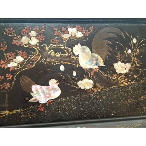 458 - Wooden Hinged Lid, Mother of Pearl Effect Inlay, Jewellery Box. 11cm High, 30cm x 21.5cm.