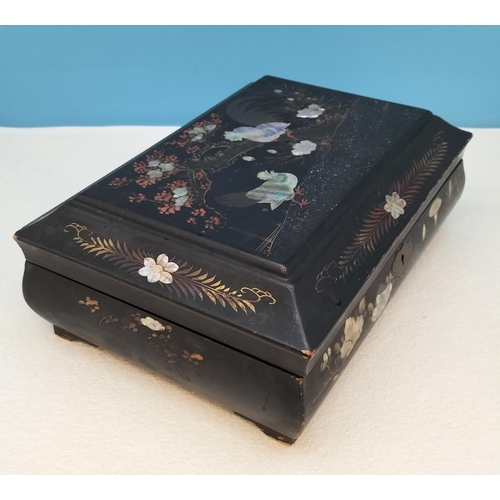 458 - Wooden Hinged Lid, Mother of Pearl Effect Inlay, Jewellery Box. 11cm High, 30cm x 21.5cm.