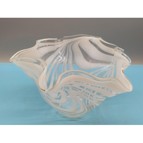 468 - White Swirl Glass Handkerchief Bowl. 16cm High, 26cm Diameter.