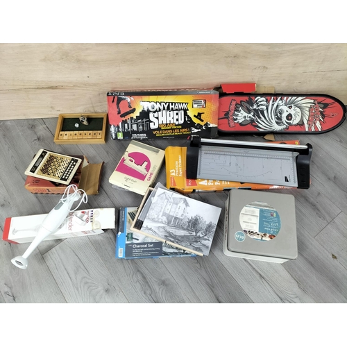 476 - Collection of Mixed Items to include 1980's Tandy Chess, Hand Blender (Both Untested), Charcoal Art ... 