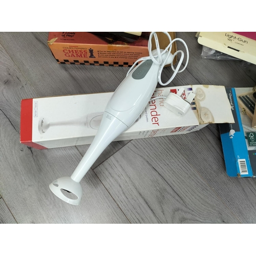 476 - Collection of Mixed Items to include 1980's Tandy Chess, Hand Blender (Both Untested), Charcoal Art ... 
