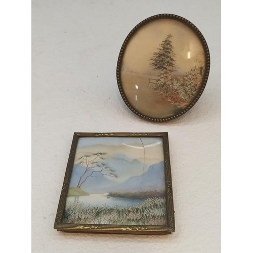 480 - Antique Japanese Silk Embroidery Miniature Pictures (2). Largest 7cm x 8cm. One Glass A/F.