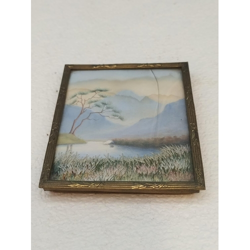480 - Antique Japanese Silk Embroidery Miniature Pictures (2). Largest 7cm x 8cm. One Glass A/F.