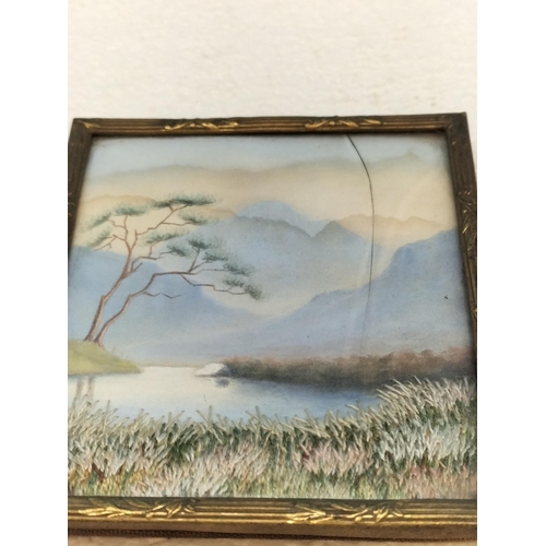 480 - Antique Japanese Silk Embroidery Miniature Pictures (2). Largest 7cm x 8cm. One Glass A/F.