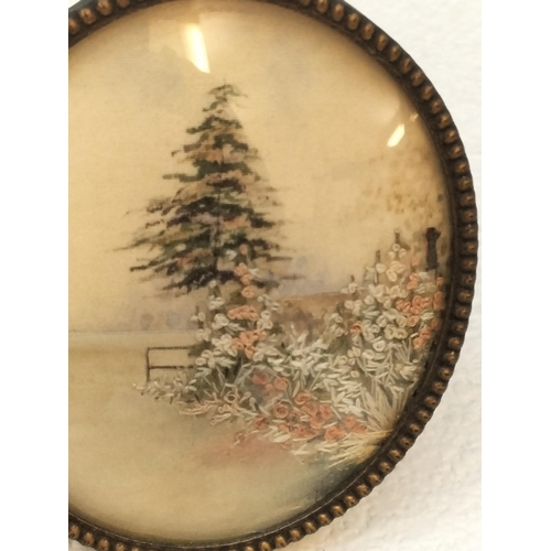 480 - Antique Japanese Silk Embroidery Miniature Pictures (2). Largest 7cm x 8cm. One Glass A/F.