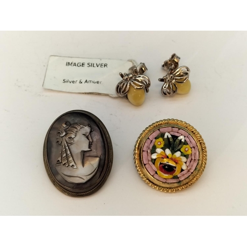 440 - Micro Mosaic Brooch, Cameo Brooch and Pair of 925 Silver and Amber 'Bee' Earrings.