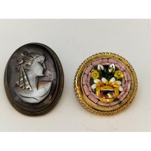 440 - Micro Mosaic Brooch, Cameo Brooch and Pair of 925 Silver and Amber 'Bee' Earrings.
