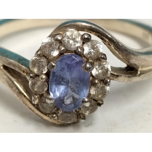 425 - Silver 925, Blue Stone and Cubic Zirconia Design Ring. Size R.